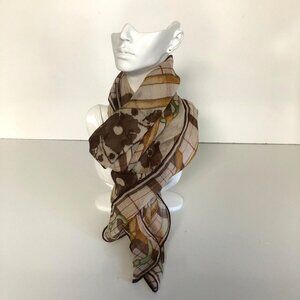 Vintage Plaid Floral Chain Belt Print Sheer Scarf Brown Green Square 32.5x32.5